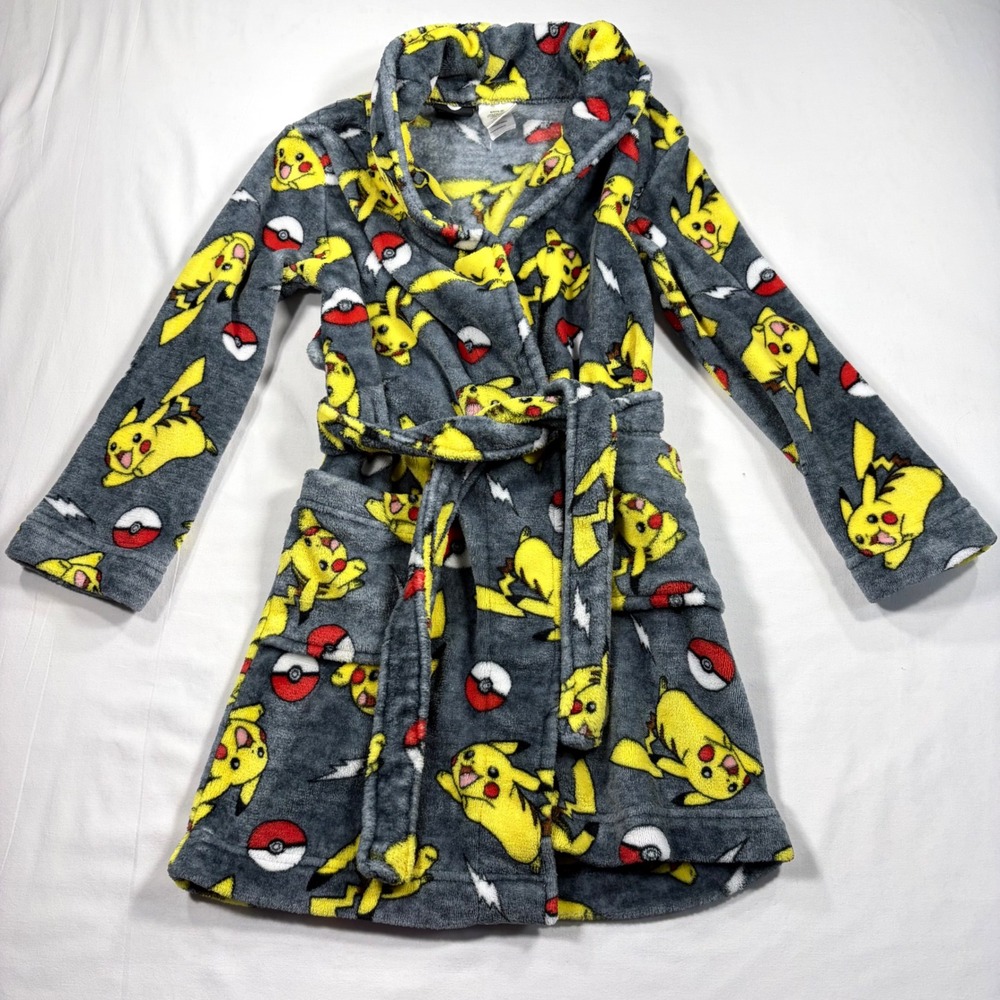 Pokemon Pikachu Boys Gray Fleece Plush Bathrobe Size 8 Fantasy Cozy Nintendo